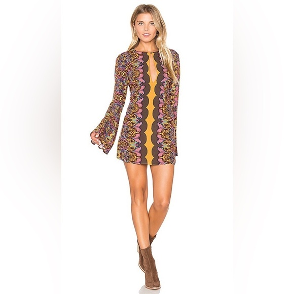 FREE PEOPLE Ossie Vibes Dress Boho Tunic Bell Sleeves Gold Brown Blue Sz 6 - Picture 1 of 13